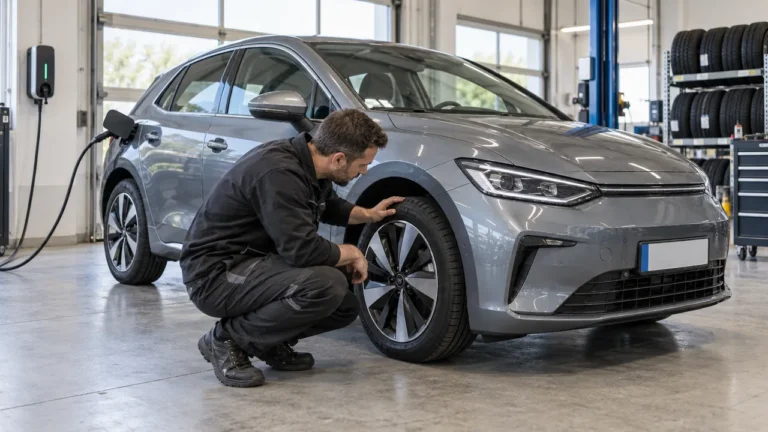 A technician checks the tyre on an electric car in a workshop.