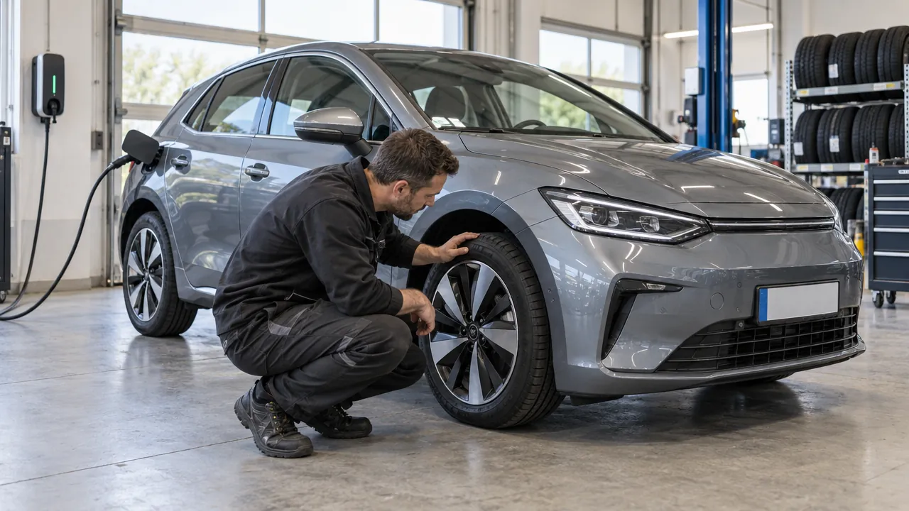 A technician checks the tyre on an electric car in a workshop.