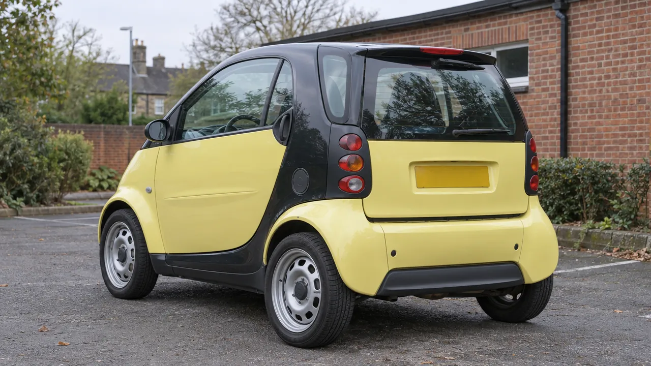 Two-door Smart Fortwo seen from behind, showing its compact body and rear pillars.