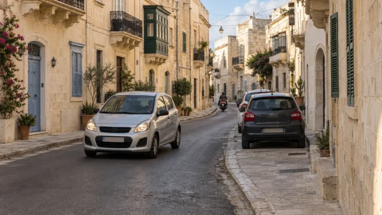 Compact car driving along a narrow Maltese village street with parked cars and a scooter ahead