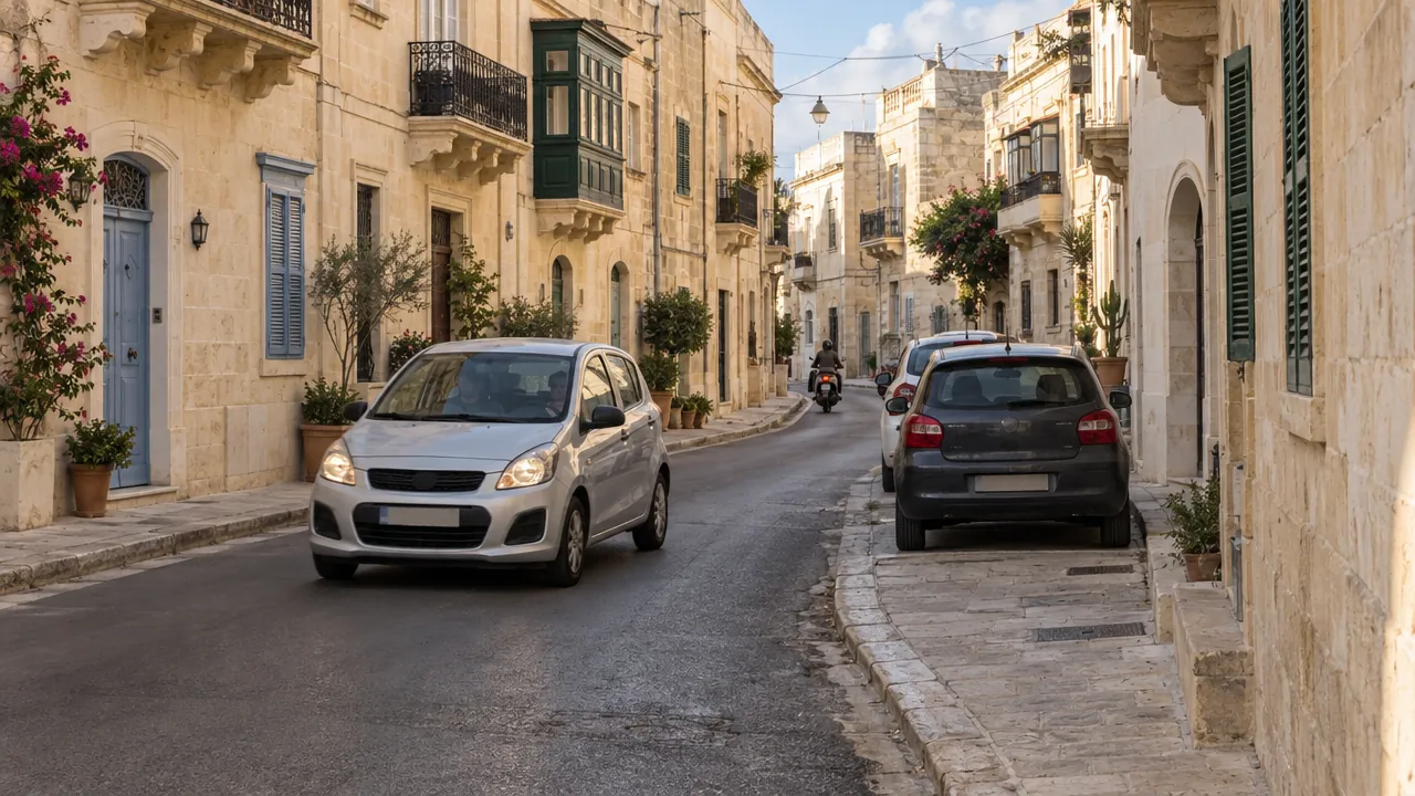 Compact car driving along a narrow Maltese village street with parked cars and a scooter ahead