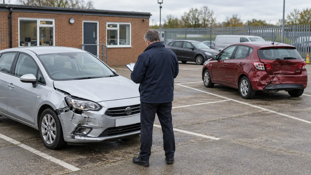 An inspector reviews paperwork between two separately parked, damaged cars.