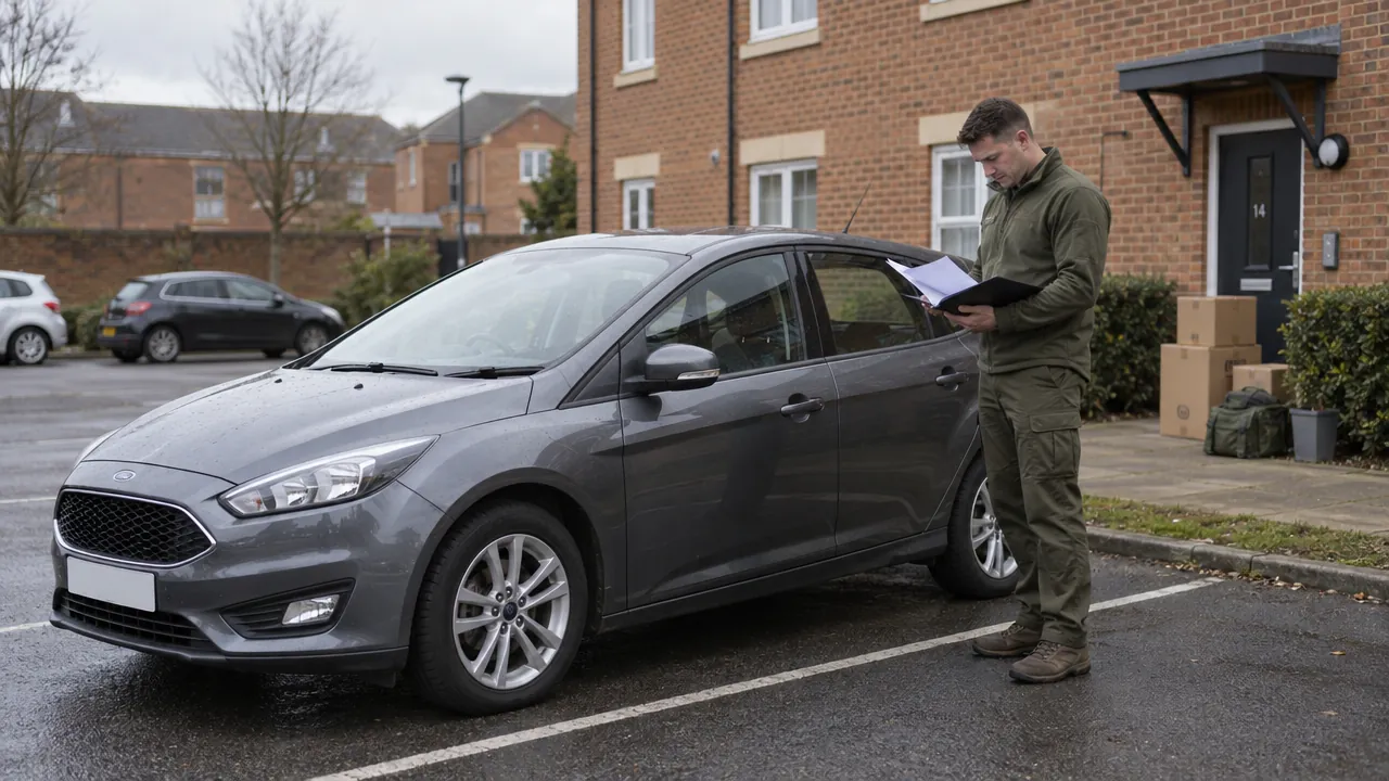 Service member reviewing car insurance papers beside a parked hatchback near accommodation