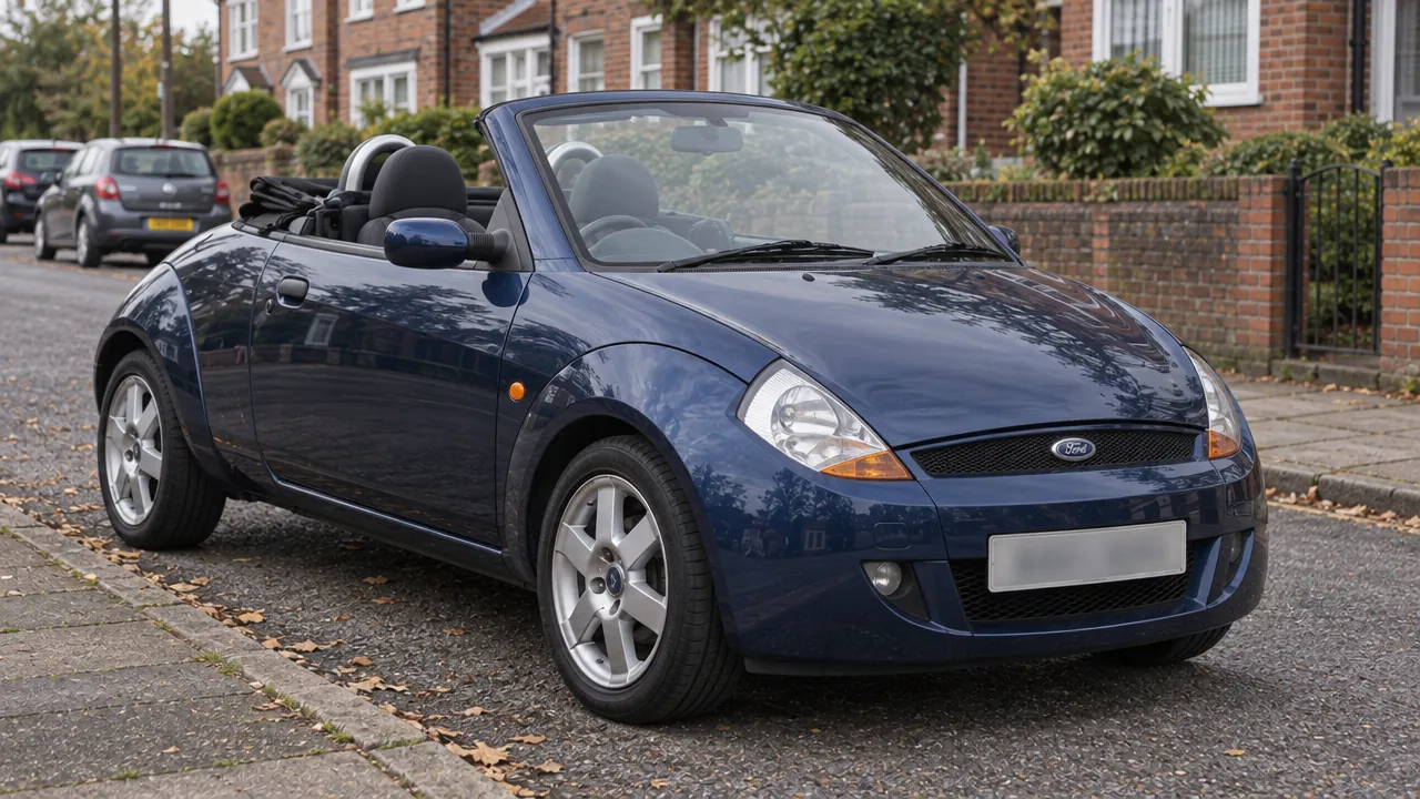 Ford Streetka parked on a residential street with its convertible roof folded down.