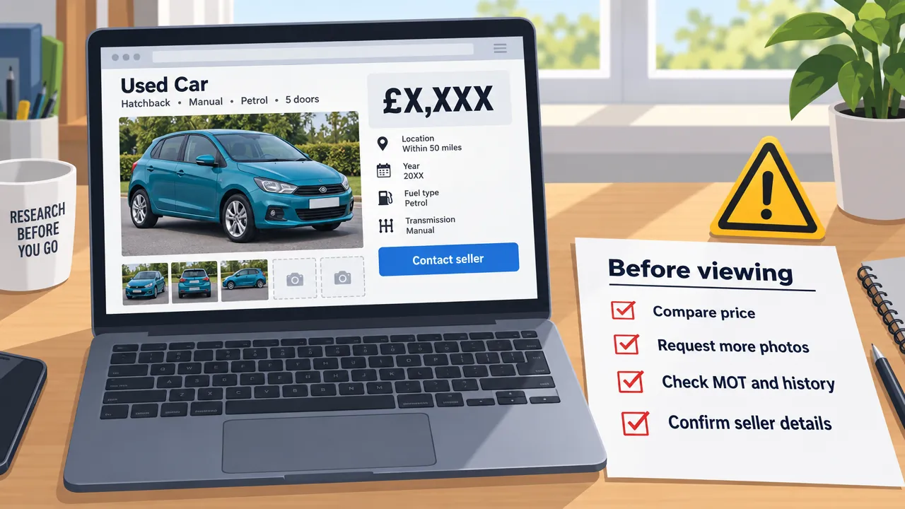 Illustration of a used hatchback advert beside a checklist of price, photographs, vehicle history and seller details to check before viewing.