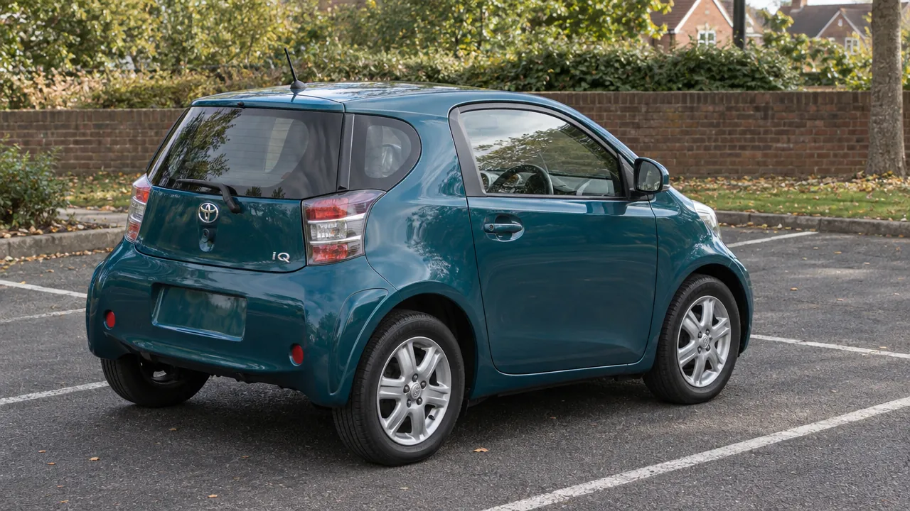 Toyota iQ seen from the rear-right, showing its small rear side window, thick rear pillar and conventional rear glass.
